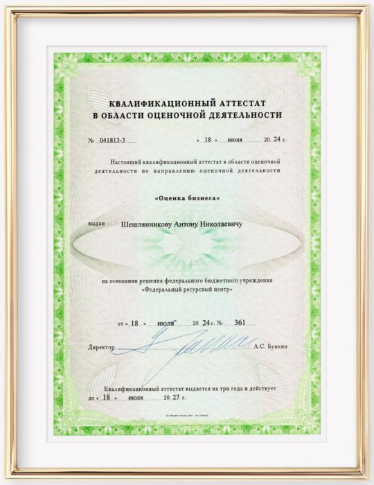Квалификационный аттестат по направлению "Оценка бизнеса". Шешлянников А.Н.