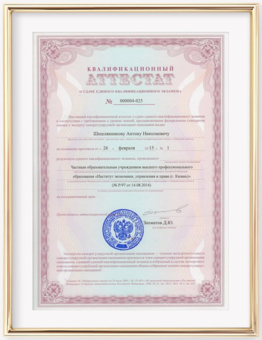 Квалификационный аттестат о сдаче единого квалификационного экзамена. ЧОУ ВПО "Институт экономики, управления и права (г. Казань)". Шешлянников А.Н.